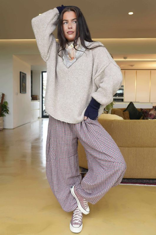 Donald Plaid Brushed Cotton Barrel Pant Blackberry